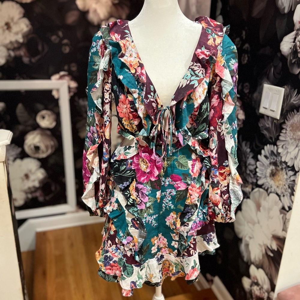 Floral V-Neck Ruffle Mini Dress in Teal and Plum